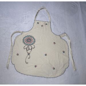 Handmade Full Front Cream Flower Embroidered Apron, Pocket, Detailed, Unique